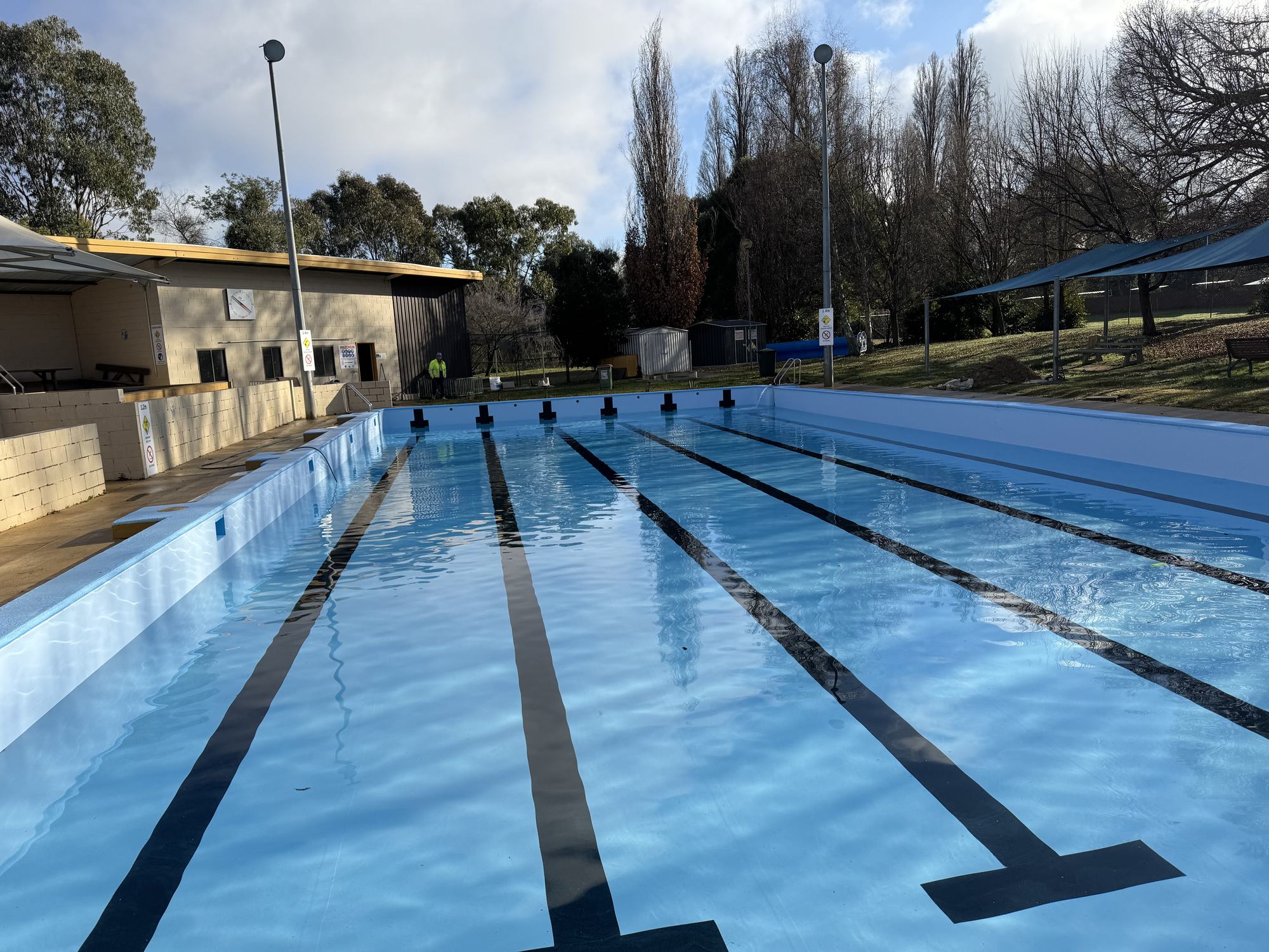Council pool refilling after being relined with new lane markings